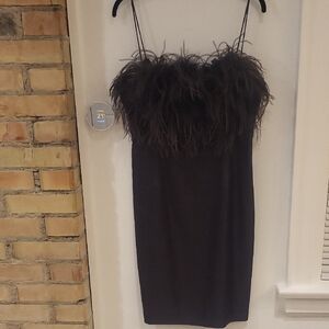 Hugo Boss Black Spagetti Strap Feather-Trim Mini Dress
